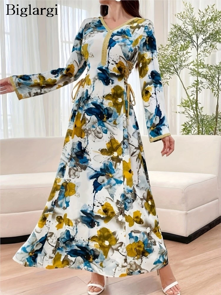 

Spring Autumn Dress Women Flower Floral Fashion Elegant Long Sleeve Ladies Dresses Ruffle Pleated Loose Woman Dress