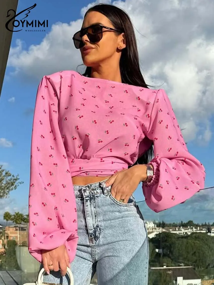 

Oymimi Fashion Blue Print Women's Blouse Elegant Puff Sleeve Open Back Blouses Autumn Lace-Up Crop Blouses Female Streetwear