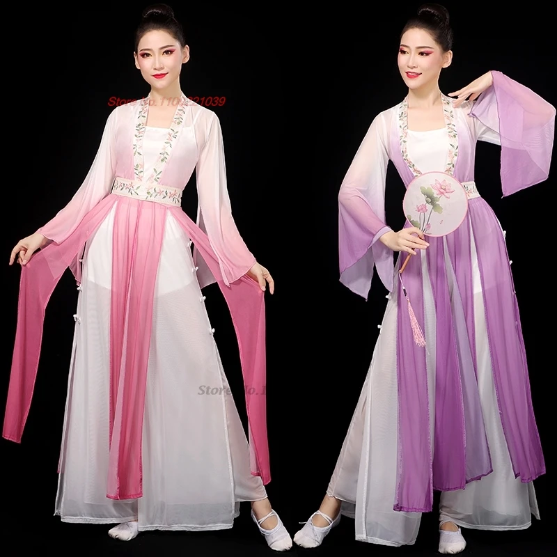 2024 chinese vintage dance costume gradient color chiffon tops+pants set oriental folk dance stage performance dance hanfu set