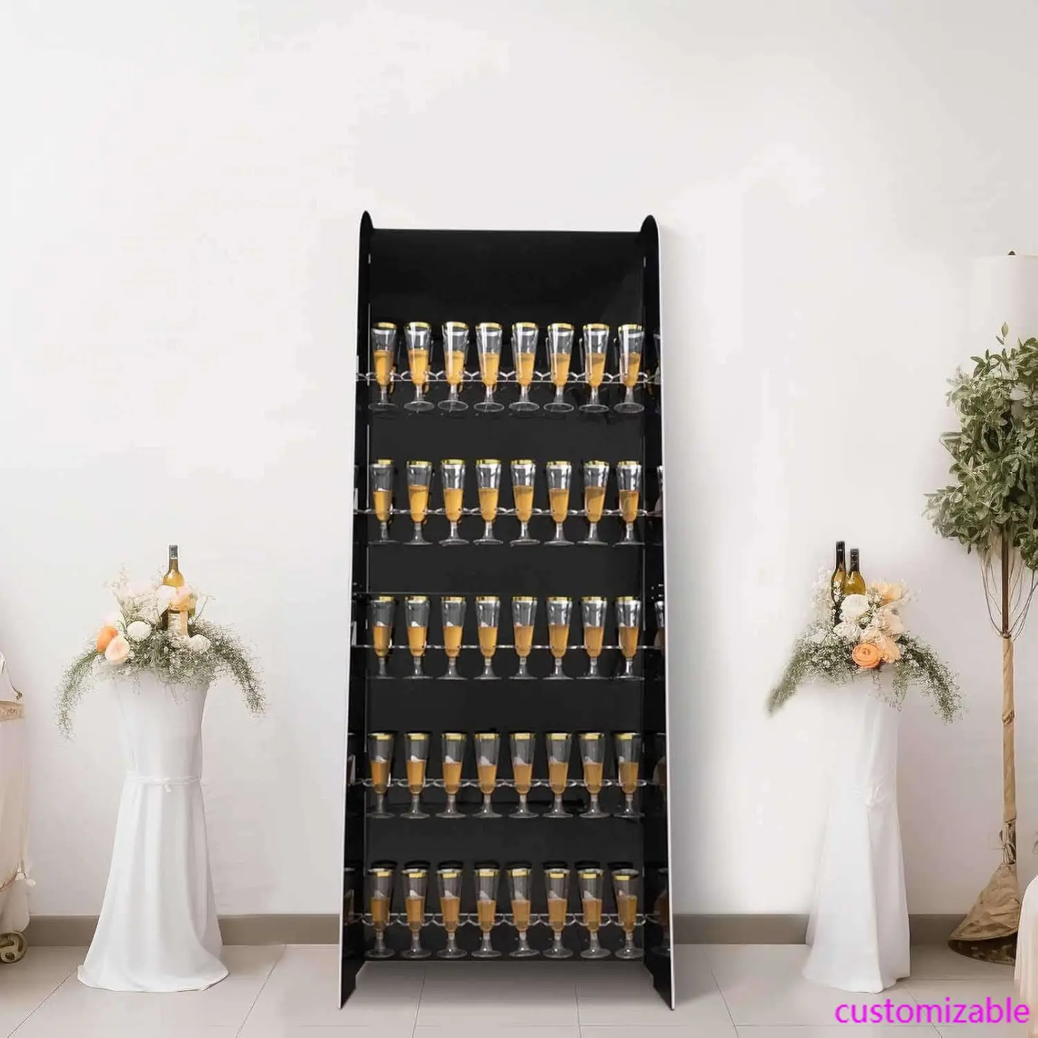 Manteles de fábrica con acabado de espejo negro, estante para copas de vino de 5 niveles, soporte de pared para 40 flautas de champán, tablero de espuma, 5 pies