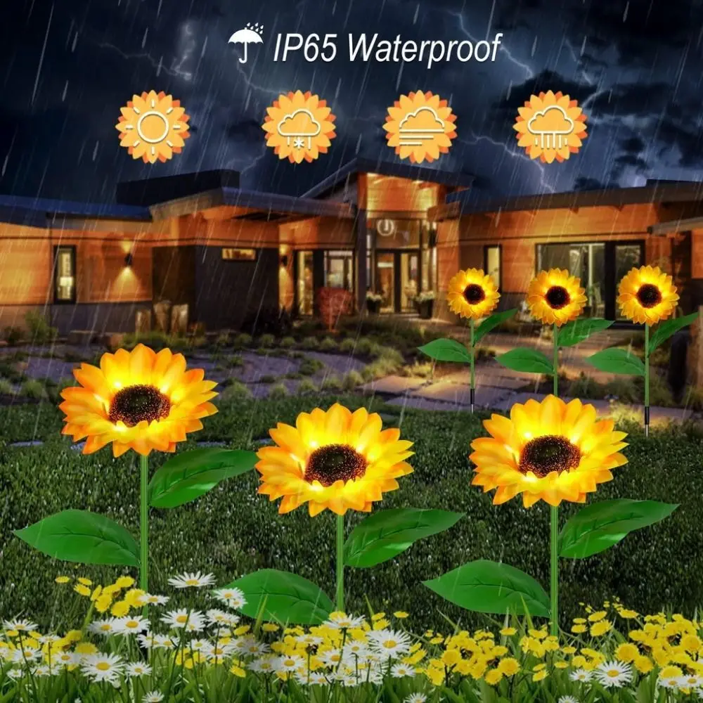 

3-головочный солнечный светодиодный светильник с подсолнухом, водонепроницаемый креативный пейзажный светильник для газона, железный беспроводной солнечный светильник для уличного использования