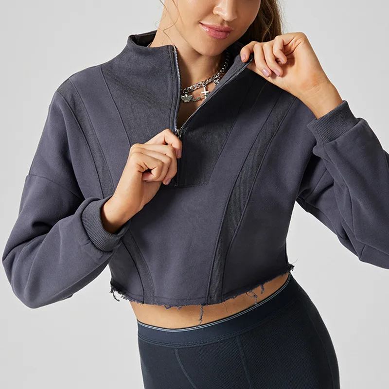 Loose Long Sleeve Sports Shirts Women Gym Yoga Fitness Causal Half Zipper Stand Collar Crop Top Breathable Soft Tops