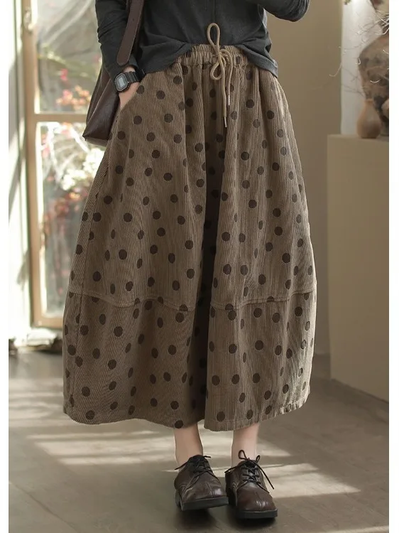 

Retro Versatile Floral Print Corduroy Bloomer Skirt Women's Winter New Elastic Waist Loose All-Match Mid-Length Half Skirt