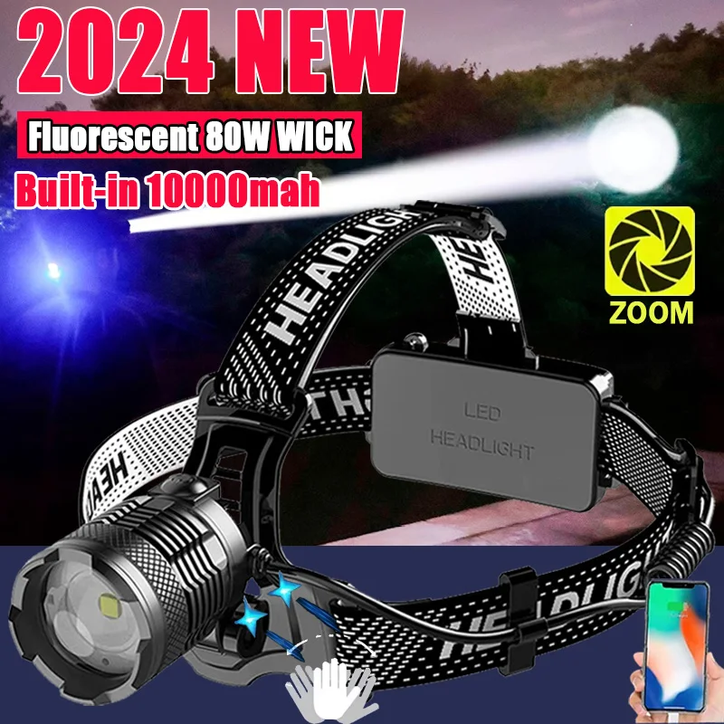 

2024 Newest Powerful LED Headlamp 800W LED IR Sensor Rechargeable Headlight 3500M Super Bright Head Flashlight Fishing Lantern