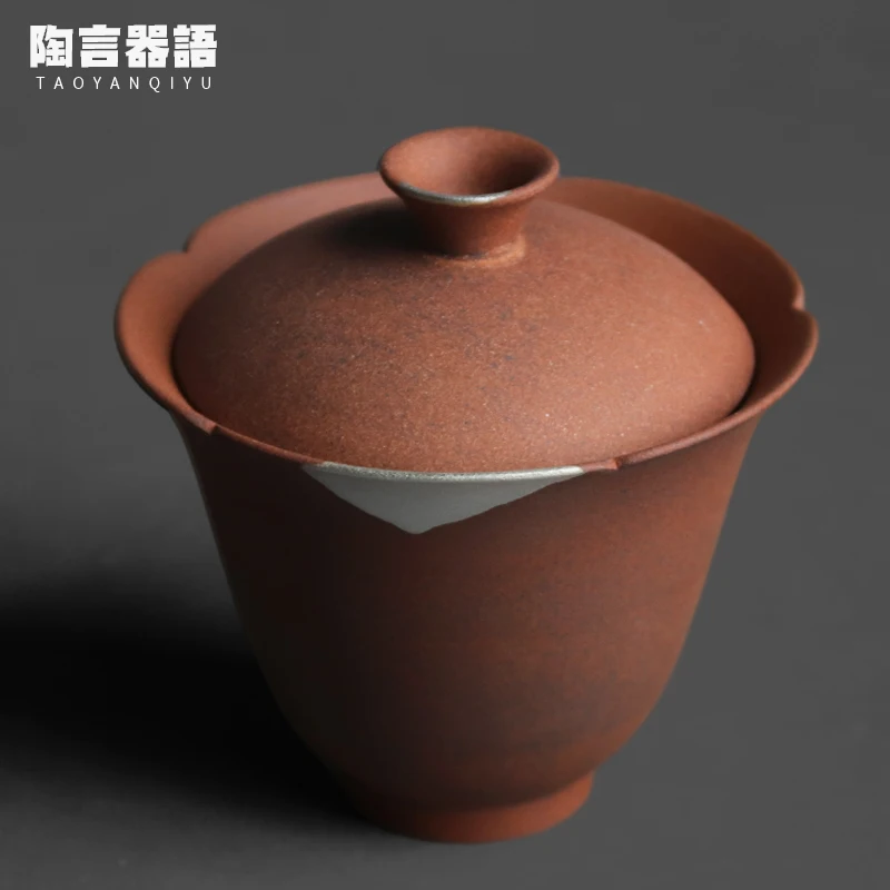 Rough pottery old rock clay handmade petal tracing silver cover bowl household ceramics wide mouth brewing tea bowl