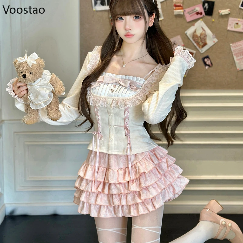 Sweet Cute Lolita Princess Skirt Sets Autumn New Bow Lace Splicing Long Sleeve Slim Tops Kawaii Cake Skirt Two Piece Set Women