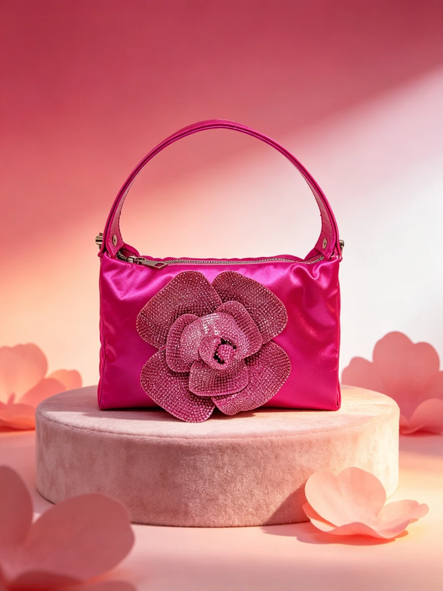 Bolso de Mano Tipo Clutch con Flores 3D Grandes en Satén Fucsia y Pedrería, Elegante para Mujer, Ideal para Eventos, Cócteles, Bodas y Fiestas Formales