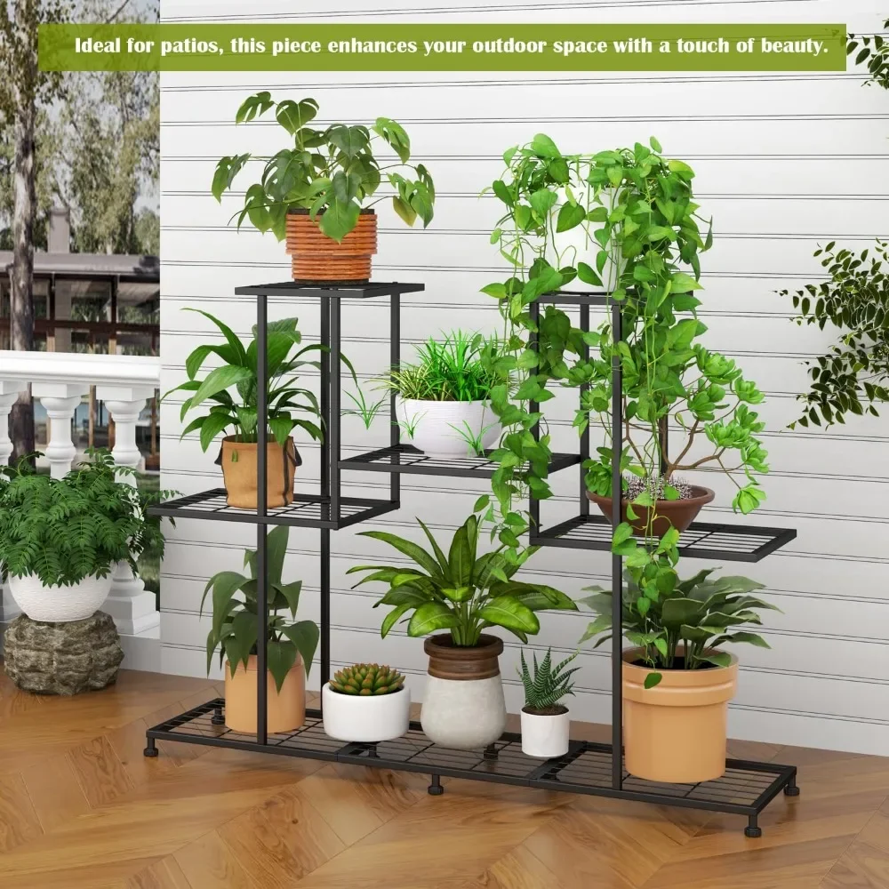 Soporte para plantas de metal de 4 niveles, estante decorativo para plantas de acero negro, soporte multifuncional para plantas