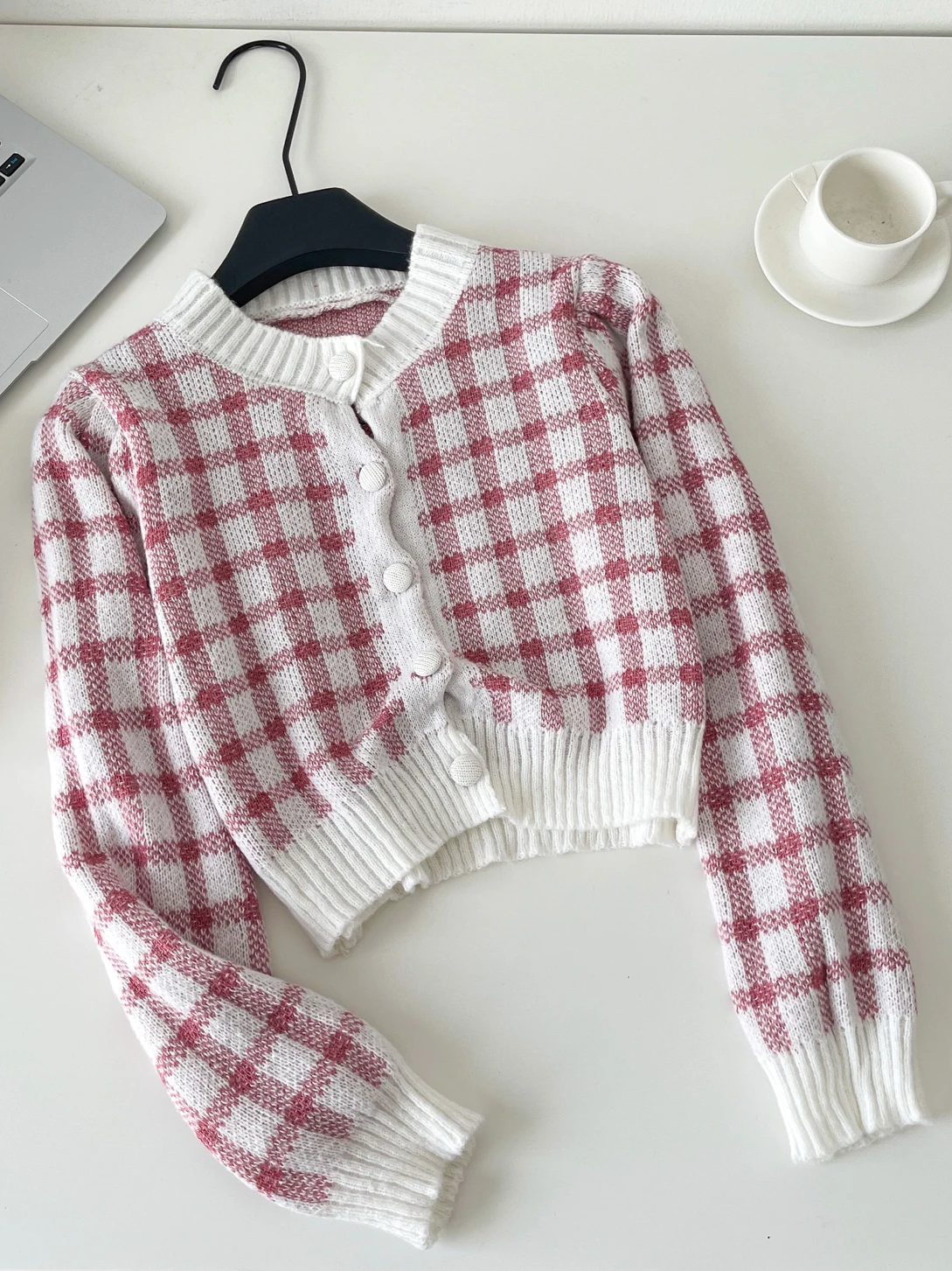 Women Pink Plaid Cardigan 2000s Vintage Korean Style Jumper Knit Long Sleeves O-Neck Cropped Checked Cashmere Sweater For Women