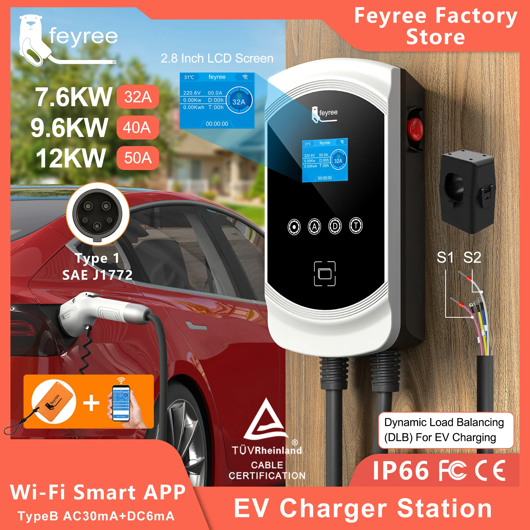 feyree Type1 EVSE Wallbox DLB EV Charger 32A 7.6KW 40A 9.6KW 50A 12KW 1P j1772 Adapter APP Control for Electric Vehicle Car