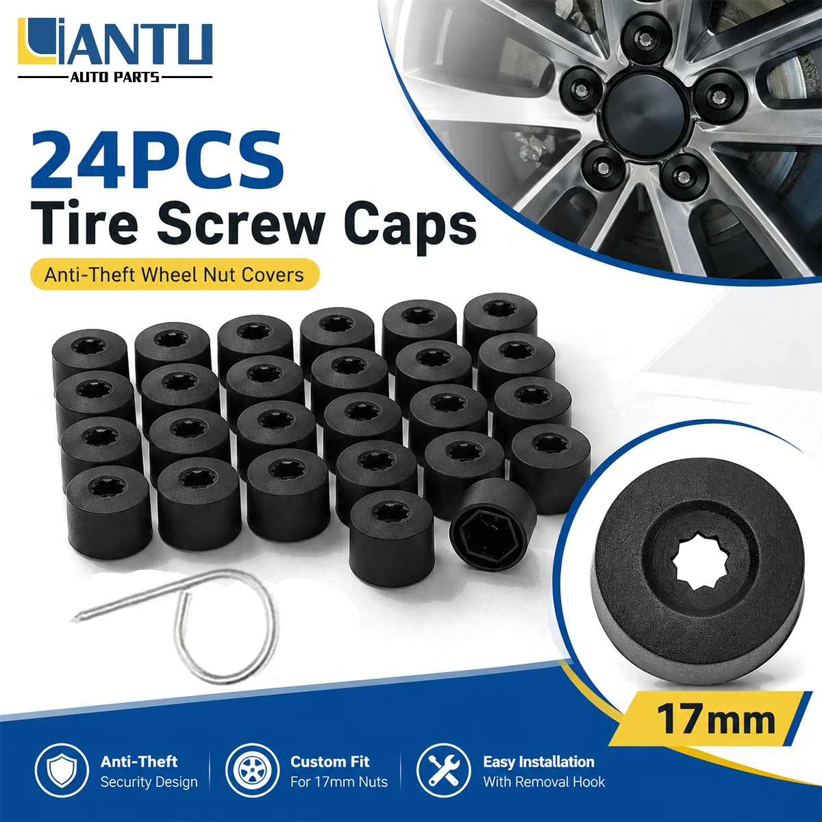 24pcs 17mm Black Car Wheel Cover Wheel Hub Nut Cover Wheel Hub Dust Cover Nut Black With Hook Dust Cover For VW Golf Mk4