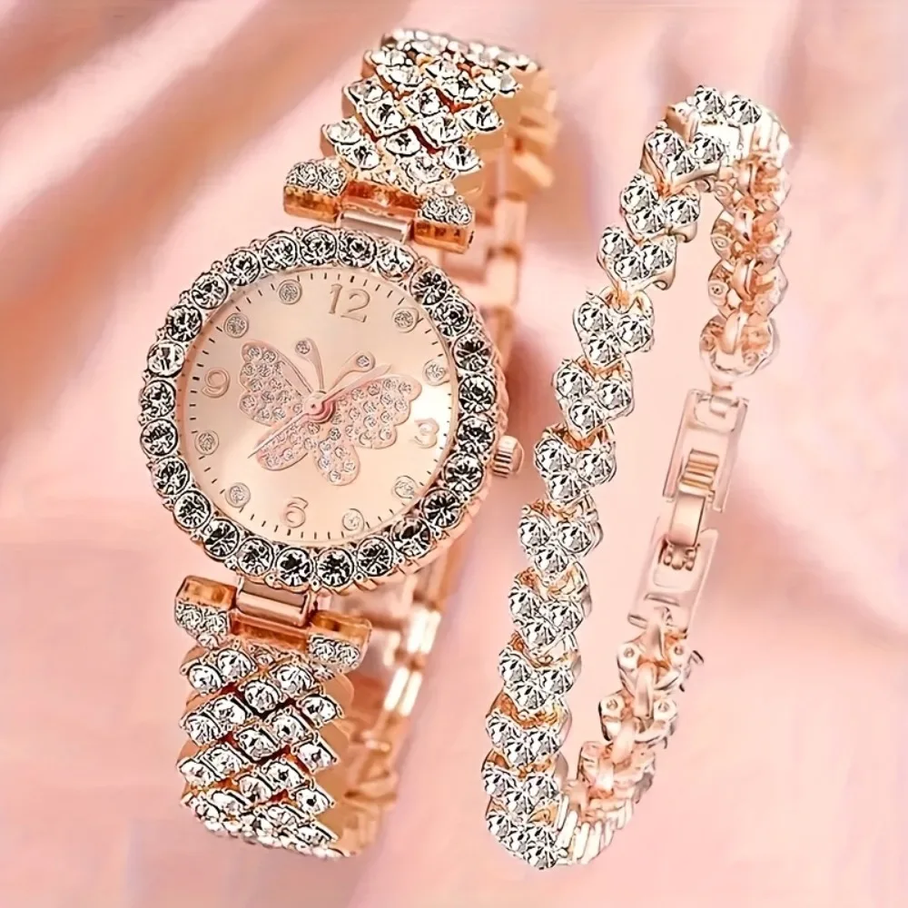 2pcs Fashionable Women's Quartz Watch with Sparkling Heart Element Bracelet Set, Simple Round Dial, Elegant Comfort Strap