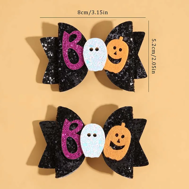 Ncmama 2Pcs Halloween Glitter Hair Bow Hairpin per neonata Pumpkin Ghost Decor Bowknote Hairclip Kids Headwear accessori per capelli