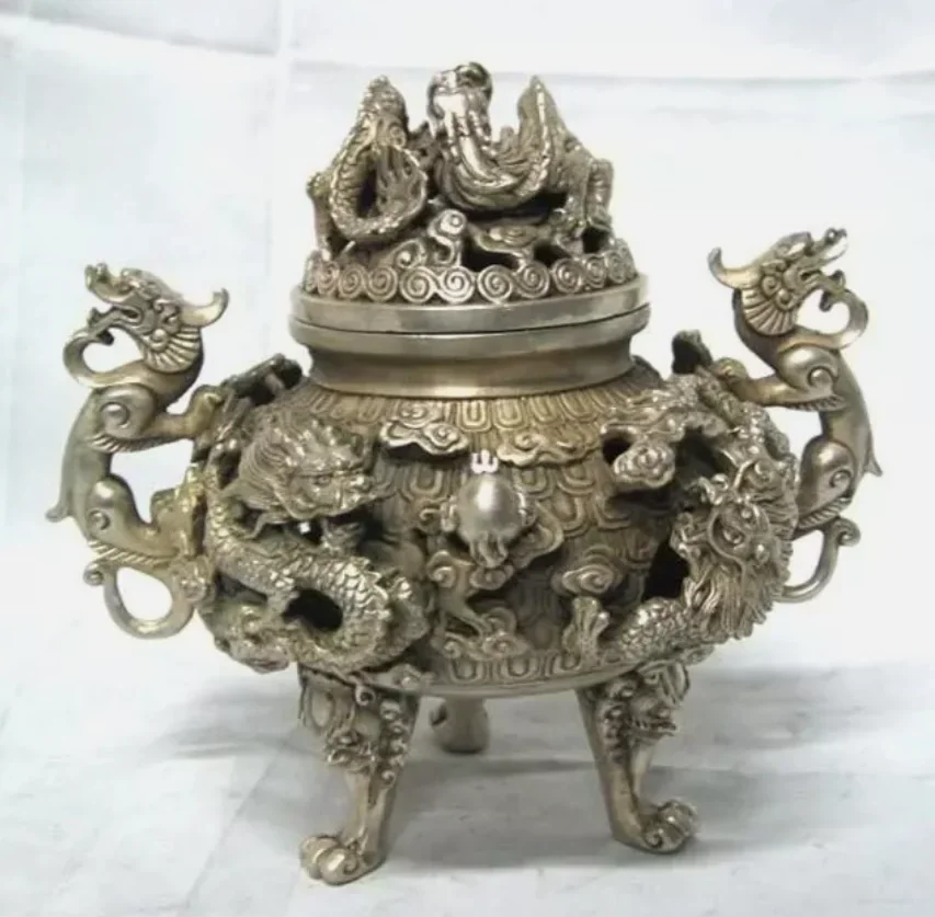 Antique Tibet silver nine dragon censer Old stamp tripod Incense Burner Statue