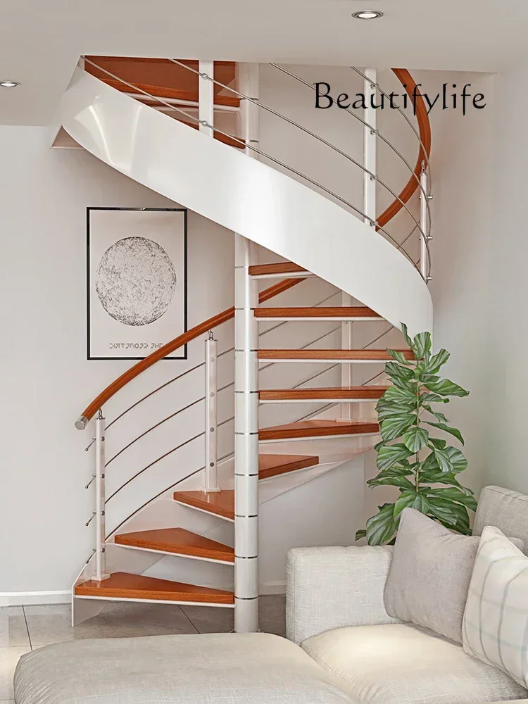 Rotating Staircase Loft Duplex Floor Indoor Round Steel Wood Duplex Double Beam Glass Handrail Guardrail