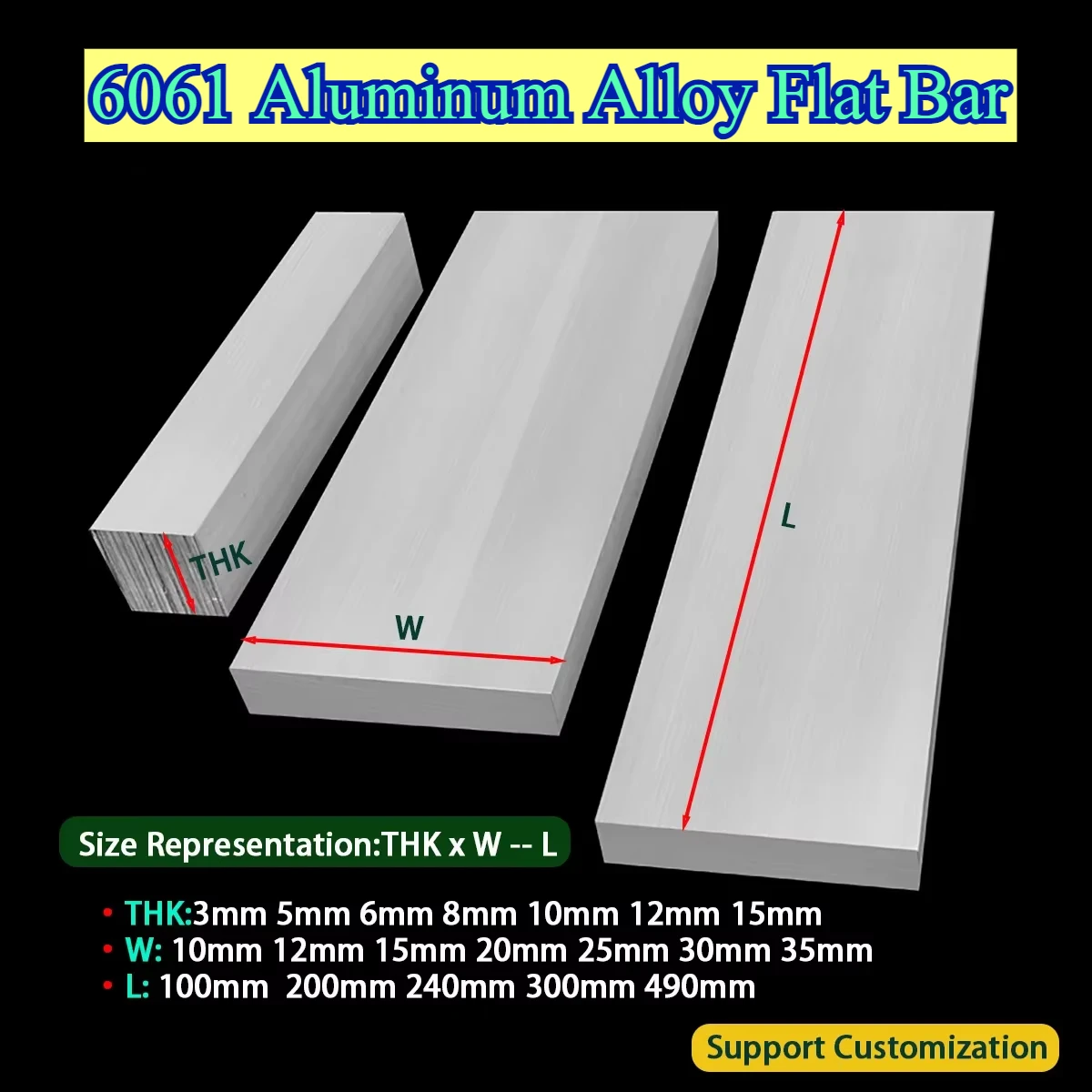 

6061 Aluminum Alloy Flat Bar Plate CNC Metal Sheet Thk 3mm 5mm 6mm 8mm 10mm 12mm 15mm Length100mm 200mm 240mm 300mm 490mm