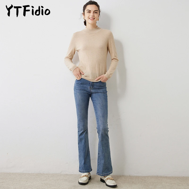 YTFidio 100% Cashmere Women Half High Neck Sweater Pullover Mock Neck Slim Soft Warm Solid Elastic Pullover 52