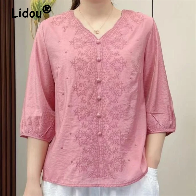 Women\'s Clothing Vintage Ethnic Style Embroidery Elegant Blouses Summer V Neck Half Sleeve Loose Shirts Ladies Cotton Linen Tops