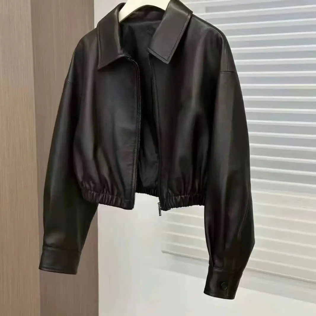 Damskie kurtki ze sztucznej skóry PU, krótkie, jednolite, zapinane na zamek, z kołnierzykiem, długie rękawy, luźny krój, styl casual, streetwear, wiosna-jesień 2025