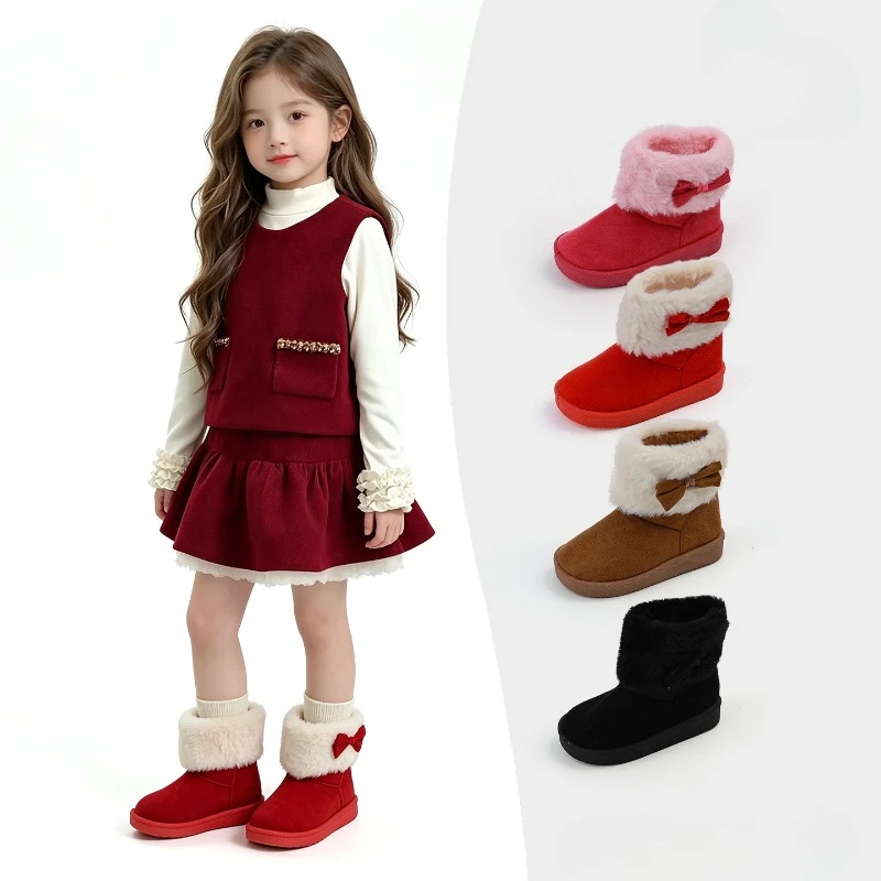 JGSHOWKITO Kids Girls Winter Snow Boots Furry Cuff Bow Decor Toddlers Cotton Boots Outdoor Non-slip Warm Children Ankle Boots