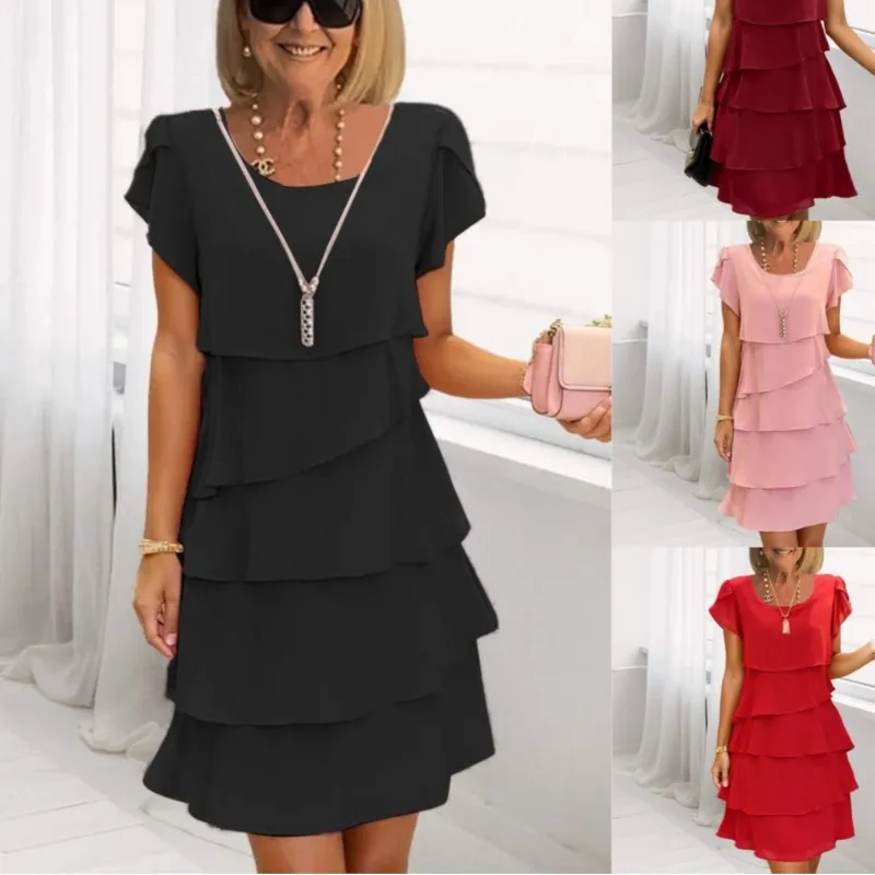 Vestido de chiffon feminino verão moda manga curta elegante o pescoço sólido festa irregular em camadas vestidos de manga pétala para mulher