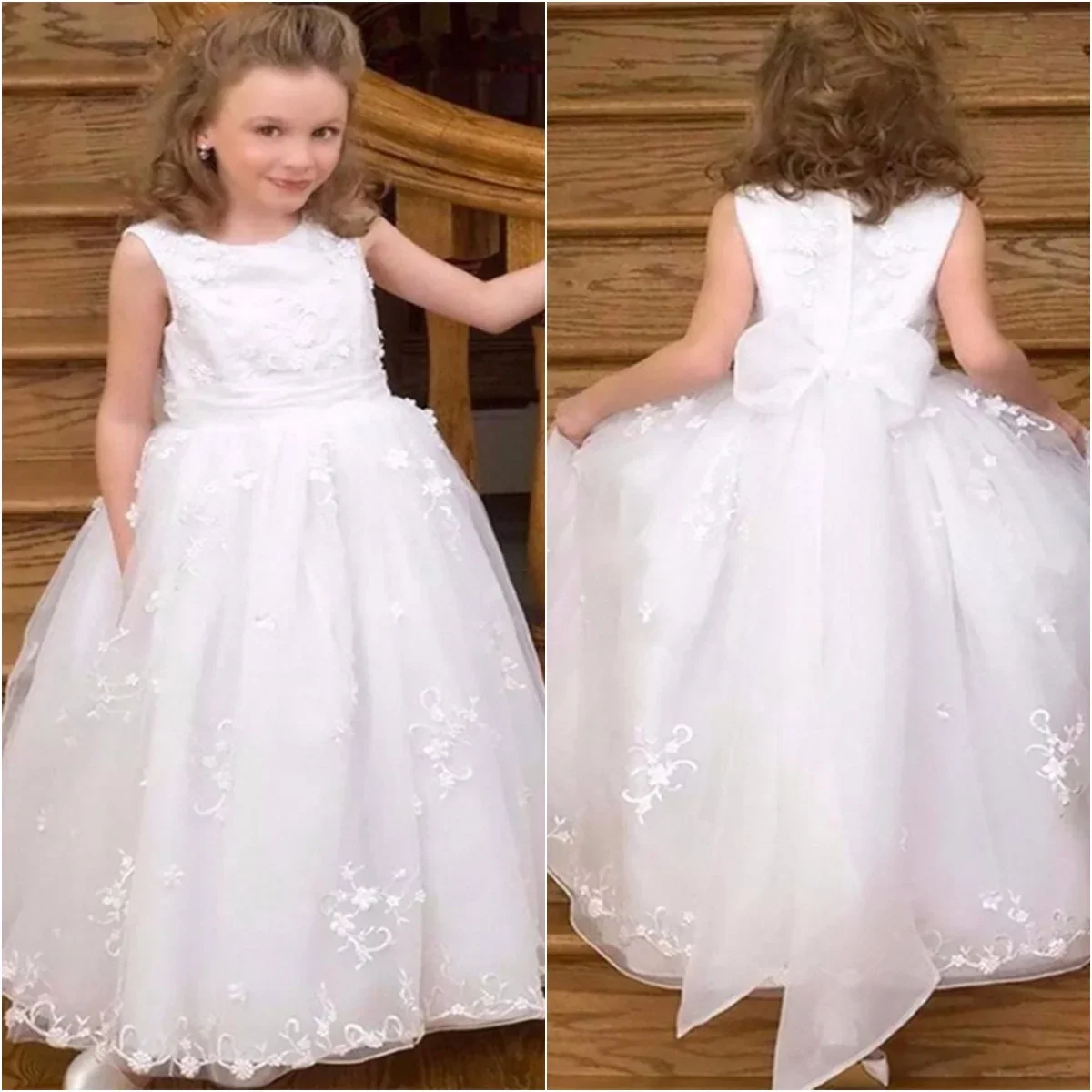 

Белые платья с цветочным узором для девочек на свадьбу, кружевные аппликации, без рукавов, длиной до пола, детские платья для дня рождения, первого причастия