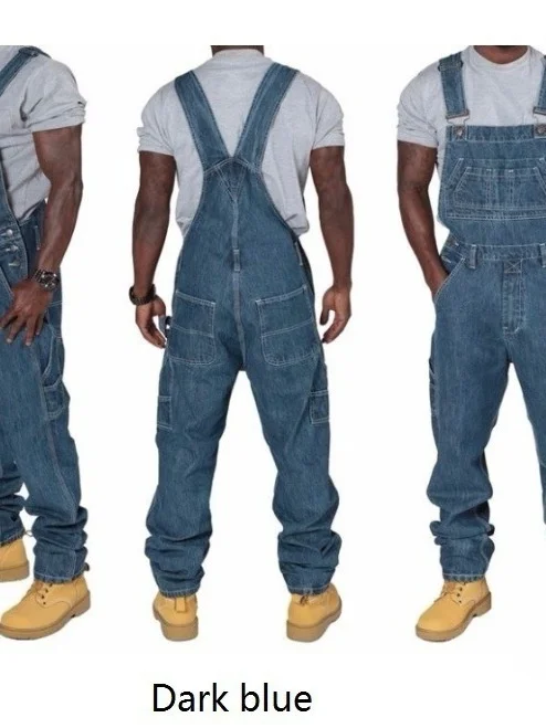 Fashionable Loose Men's Denim Overalls Multi-Pocket High Waist Cotton Jeans Casual Comfortable Unisex Long Pants