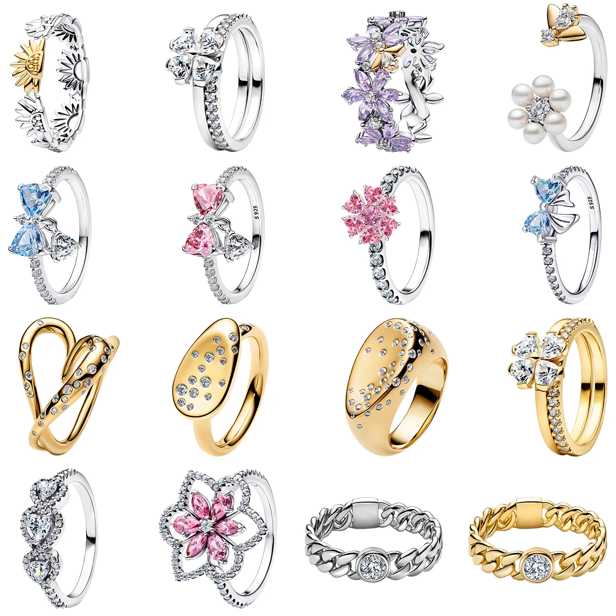 Original Luxury 925 Sterling Silver Rings Sunflower Floral Pearl Gold Silver Chain Braided Band Gem Inlaid Ring Fine Jewelry