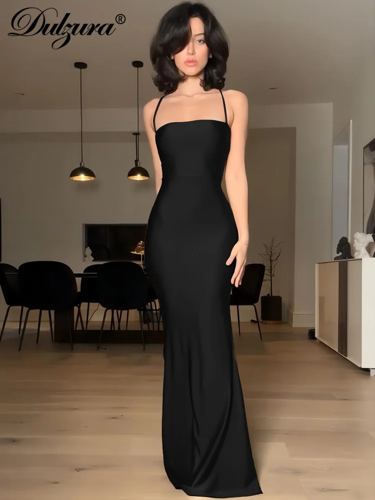 Dulzura Sleeveless Backless Lace Up Cami Maxi Dress Sexy Elegant Bodycon Outfit For Prom Evening Party Club Autumn Winter