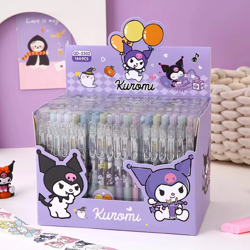 12pcs Children Cartoon Gel Pen Kawaii Hello Kitty  Cinnamoroll Kuromi Melody Stationery 0.5mm Black With Metal Hook Office Write