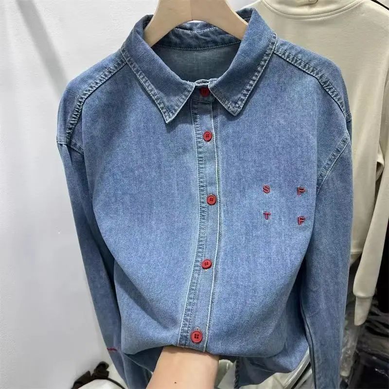 2024 Spring Autumn New Solid Color Letter Embroidery Polo-Neck Button Fashion Loose Commuter Long Sleeve Denim Shirt Coats Top