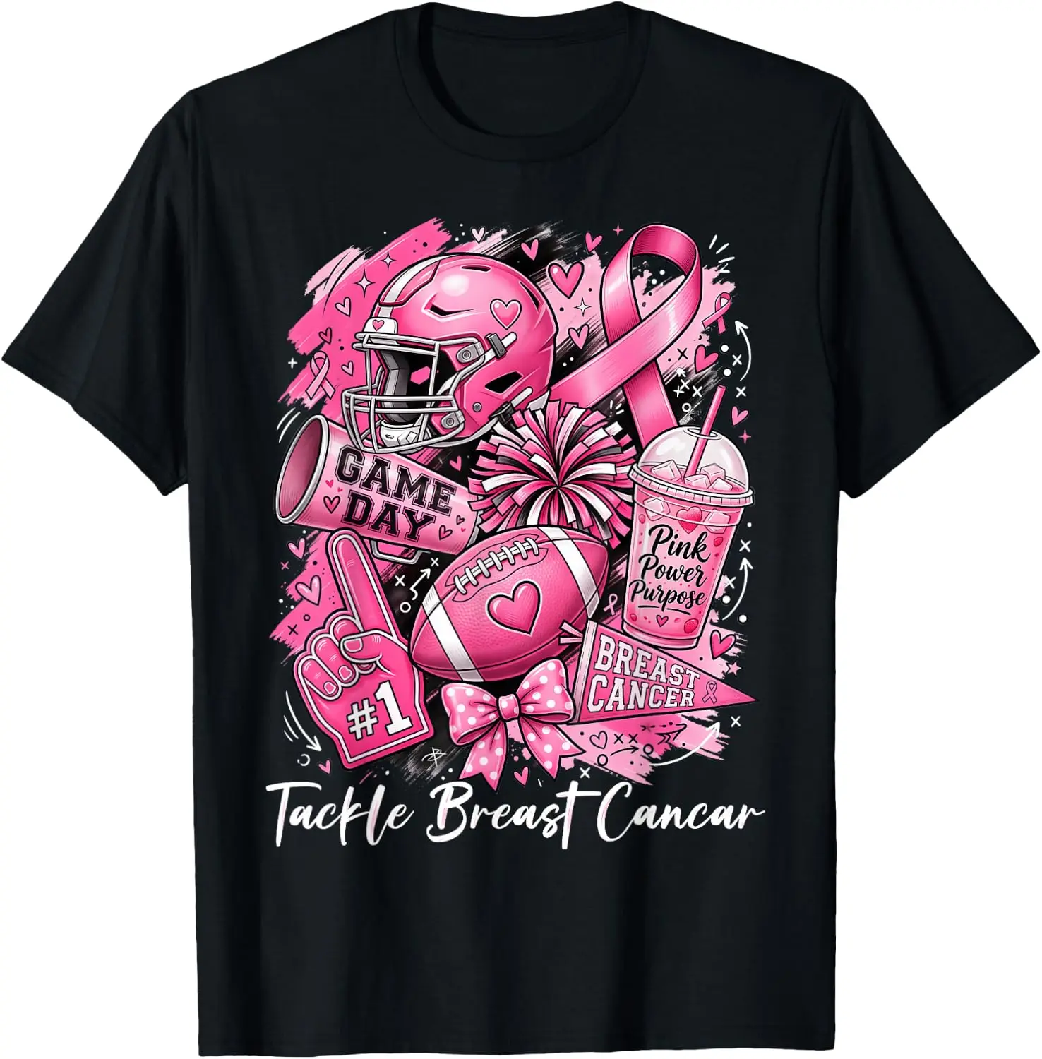 Tackle Breast Cancer Awareness American Football Pink Ribbon T-Shirt Men Women Unisex Novelty Graphic T‑Shirt, Classic Crew Neck 100% Cotton Tee, Lightweight Anti‑Pilling Breathable Casual Tops, Year‑Round Daily Outfit, Holiday Birthday Present Tee