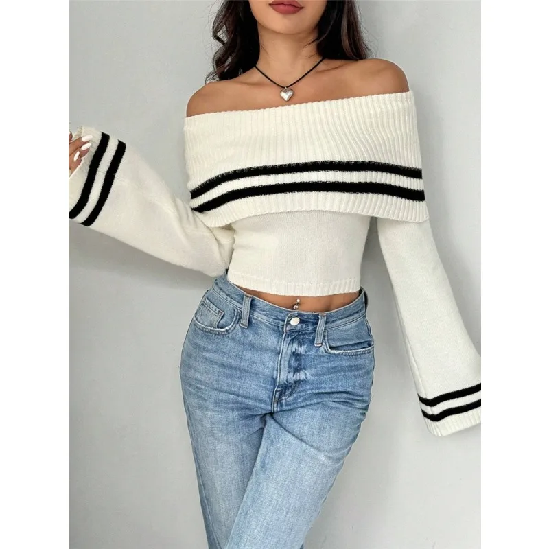 가을 여성 슬래시 스트라이프 긴 플레어 슬리브 오프 숄더 니트 짧은 스웨터 니트 캐주얼 한국 점퍼 가을 풀오버