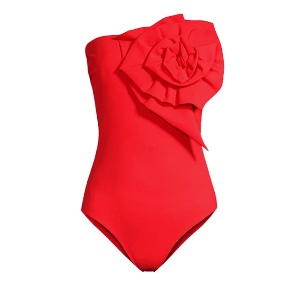 ZAFUAZ 2023 New Sexy 3D Flower Off Should Bikini Solid Red Swimwear Skirt Women Luxury One Piece Swimsuit Beach Bathing Suit