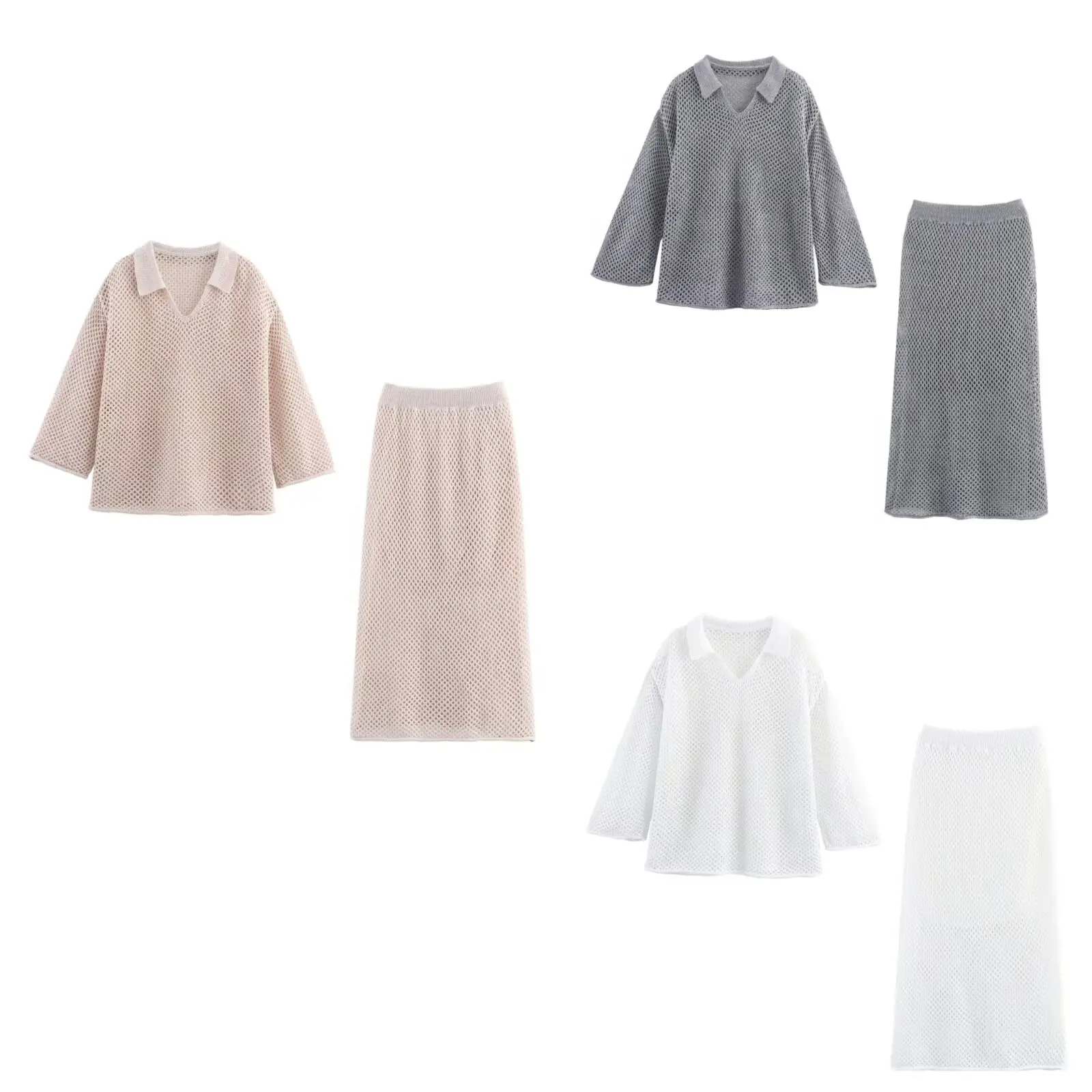 

MYST&ZA women's autumn new Polo collar long-sleeved hollow knitted pullover top+hollow knitted casual mid-length straight skirt