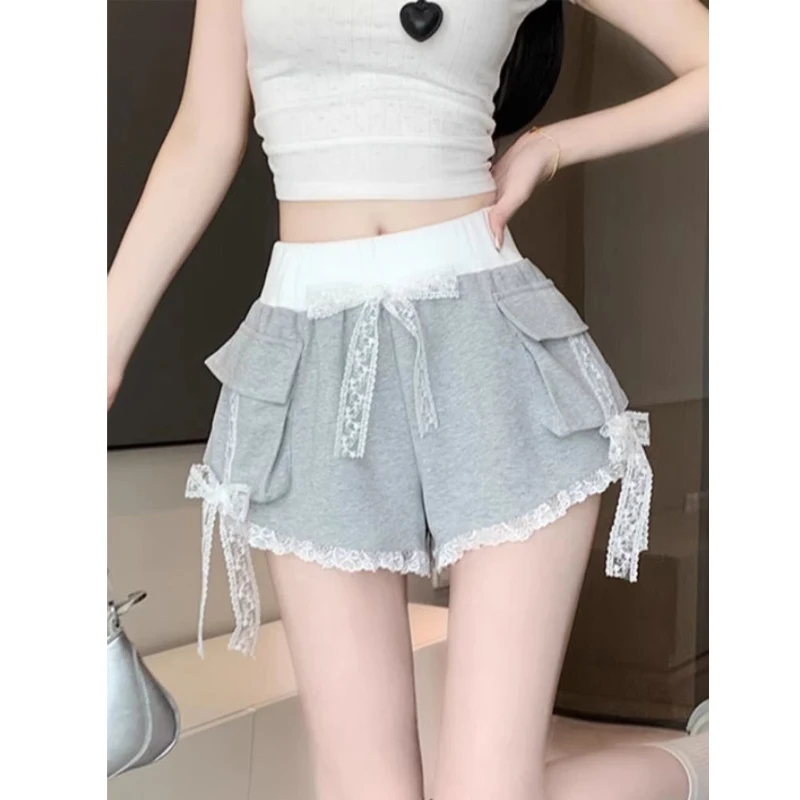 Trend Lace Bow Patchwork Wide Leg Shorts Summer New Elastic Waist Loose High Street A-line Hot Pants Fashion Sweet Women Clothes