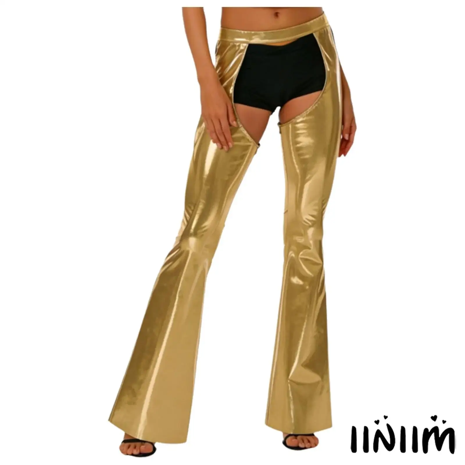 

Shiny Metallic Bell Bottom Pants for Women Open Crotch Chaps Style Elastic Waistband Flared Trousers for Disco Rock Party Club