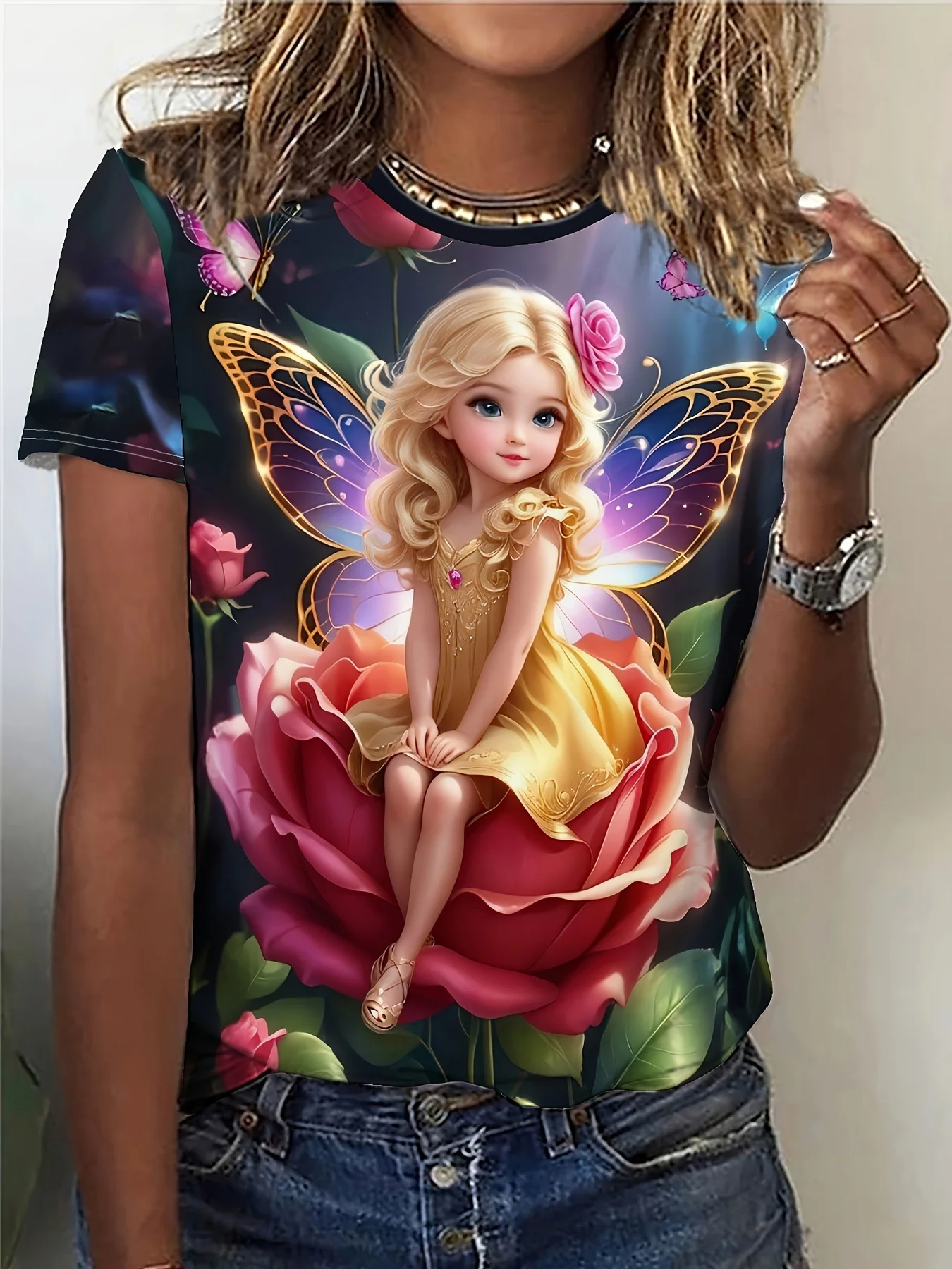Women's Tee - Golden Fairy on Rose Graphic, Enchanted Floral Sprite Design for Casual Daily Wear