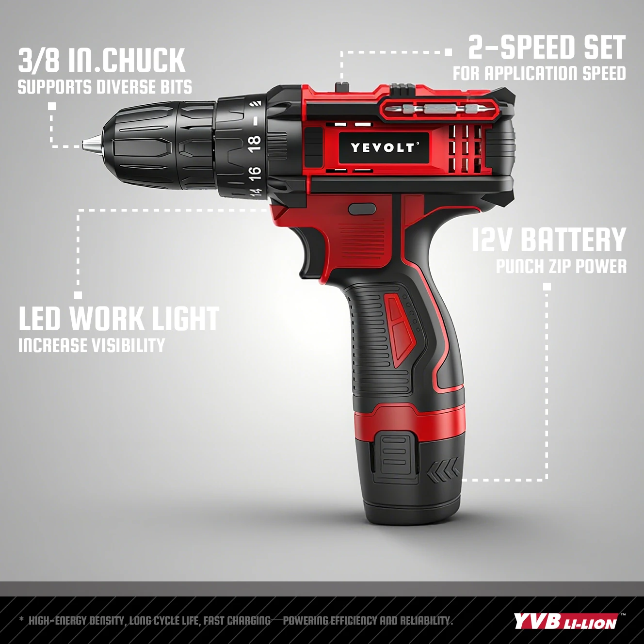 YEVOLT YVGCD12PT Series 12V Electric Drill 3/8" Chuck Compact Cordless Driver Handheld Screwdriver LED Light Power Tools