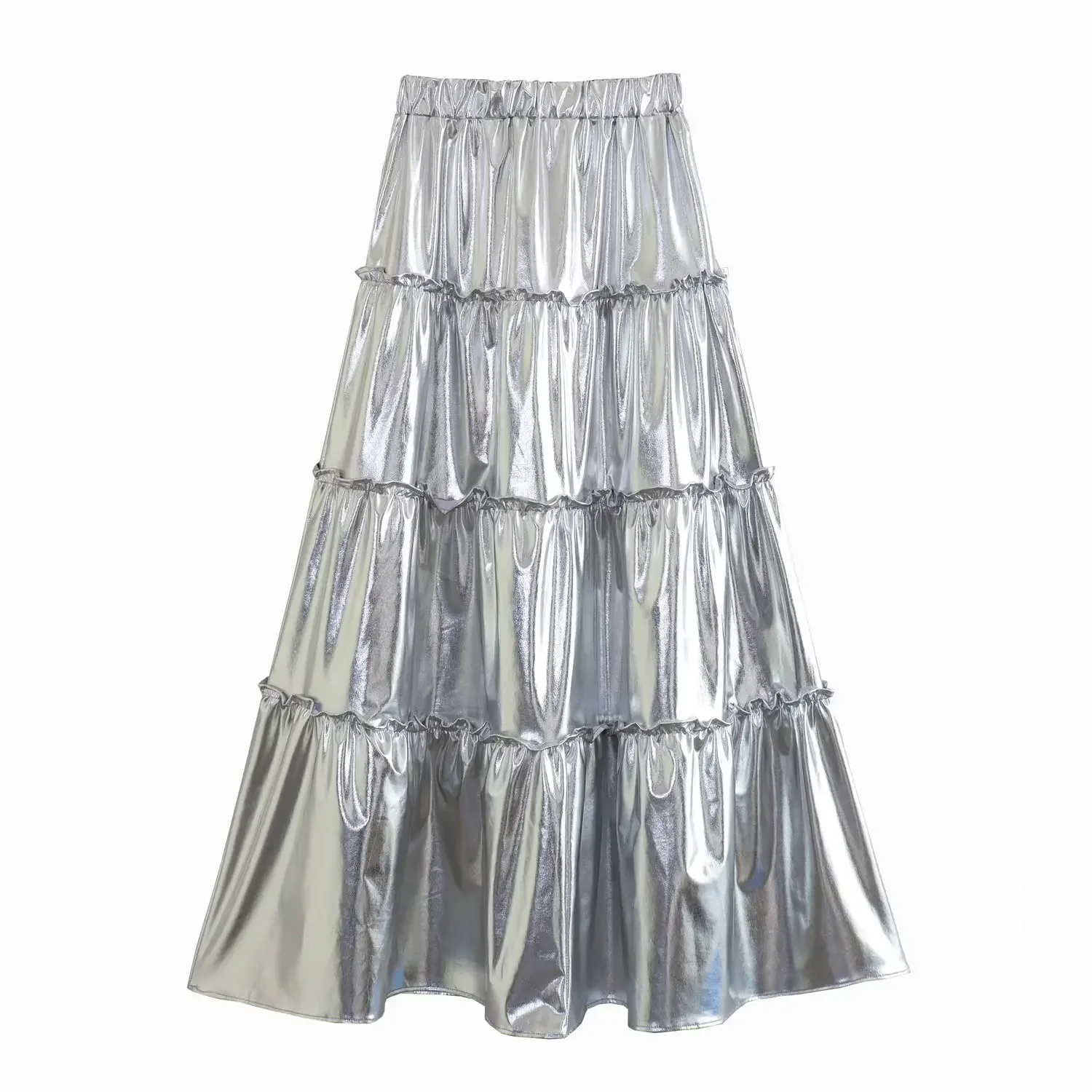 

Silver Tiered Metallic Pleated Flowy A-line Skirts High Street Women's High Elastic Waist Cake Midi Skirt for Street Party