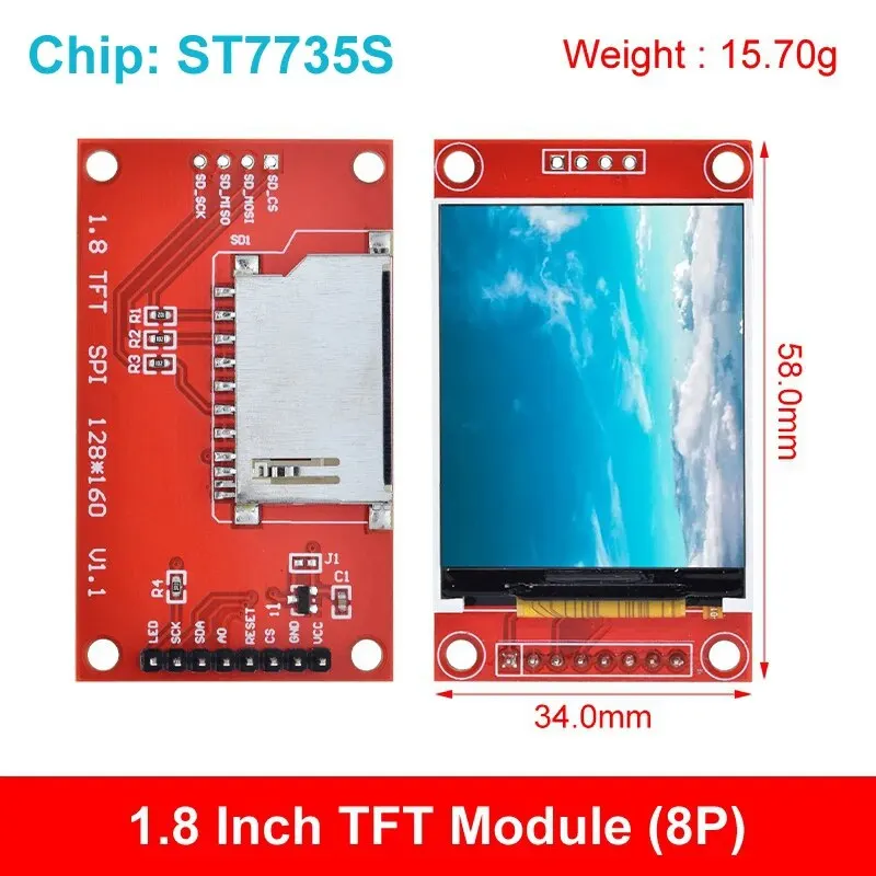 TFT LCD Módulo de Tela para Arduino, SPI Interface, 128x160 Resolução, 16Bit, RGB 4 IO, ST7735, ST7735S Driver, 1.8"