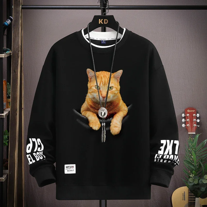 Primavera moletom masculino harajuku moda bonito 3d gato impresso manga longa camisetas streetwear masculino tripulação pescoço topo 2024 novas roupas