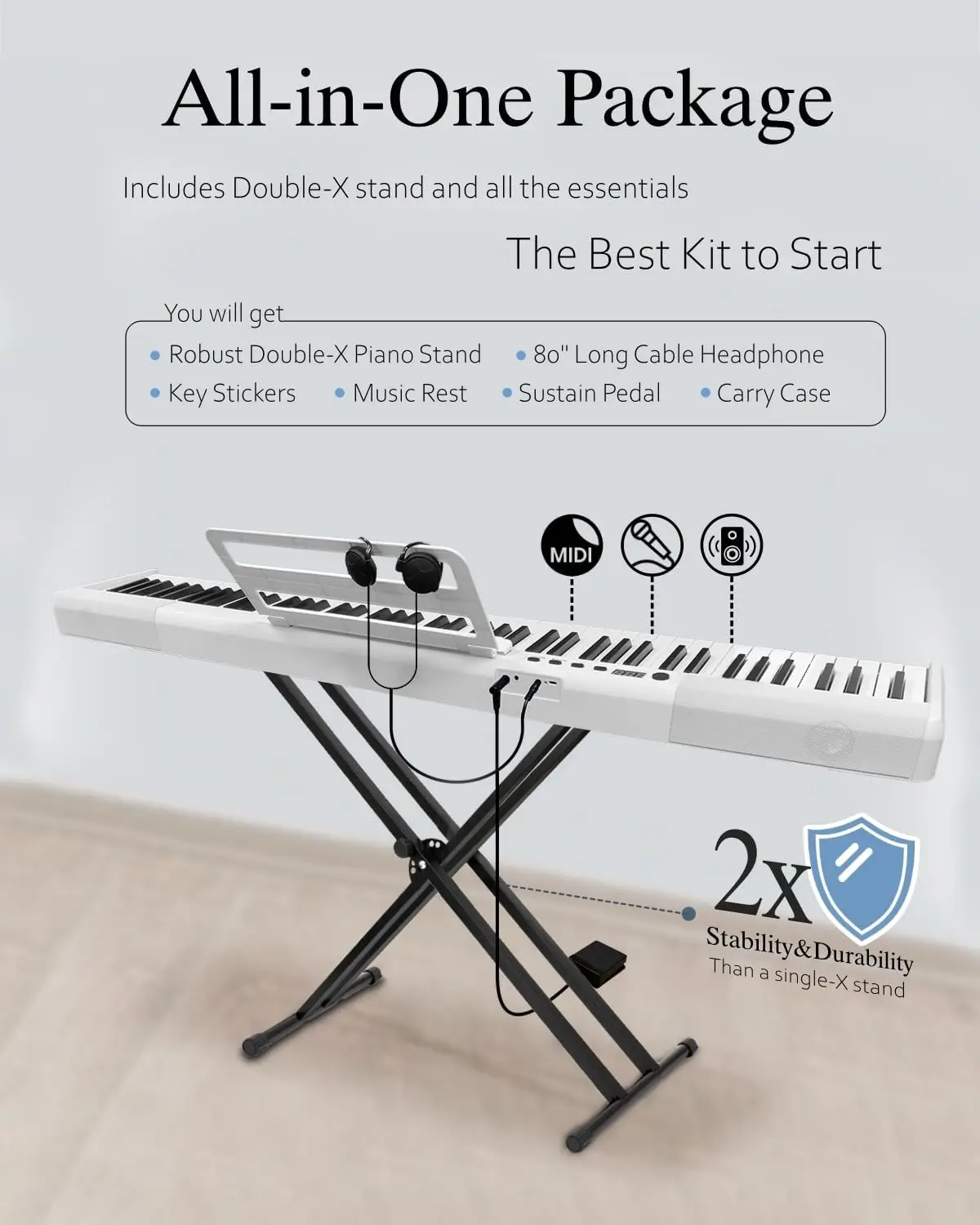 Piano Keyboard 88 Keys Compact Digital Piano for Beginners with Full Size Semi Weighted Keys, Sustain Pedal, Headphones,