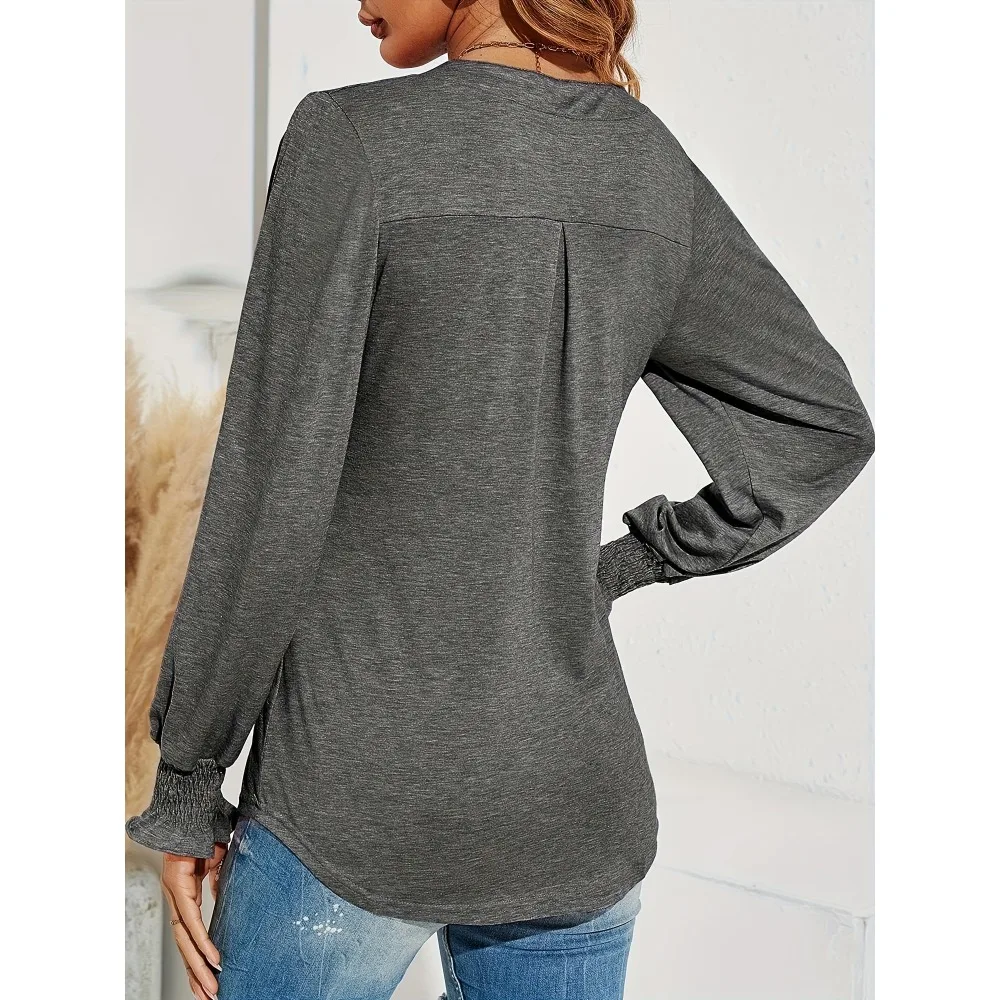 حجم كبير 1XL-5XL المرأة موضة الخامس الرقبة تي شيرت السيدات عادية فضفاض نفخة كم طويل بلايز تونك تي شيرت