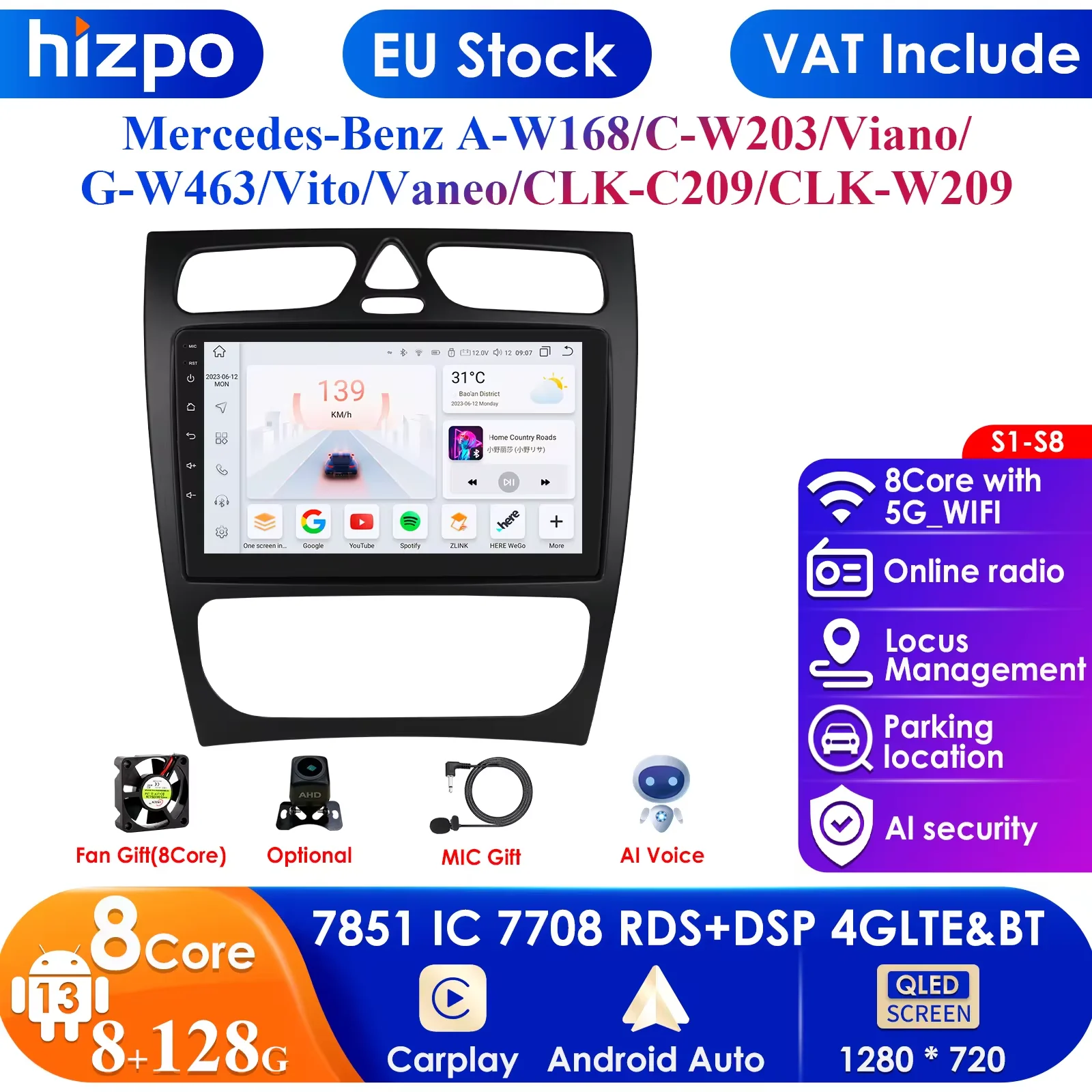 2din Android Car Multimedia Player for Mercedes-Benz A W168 C W203 G W463 Vaneo Vito Viano CLK Class C209 GPS Carplay 4G RDS DSP