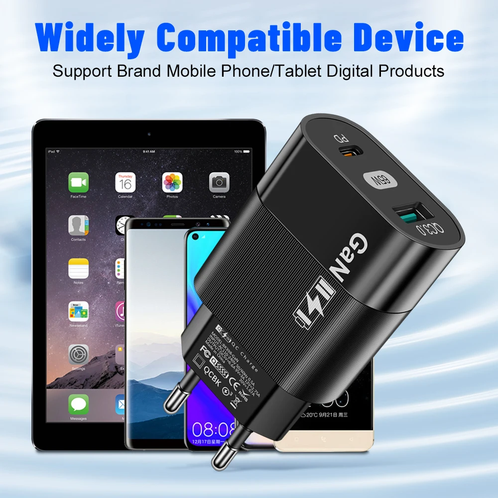 65W GaN USB Charger Fast Charging Charger QC3.0 For iPhone 14 13 12 Oneplus Xiaomi Samsung PD Type C Mobile Phone Quick Charger