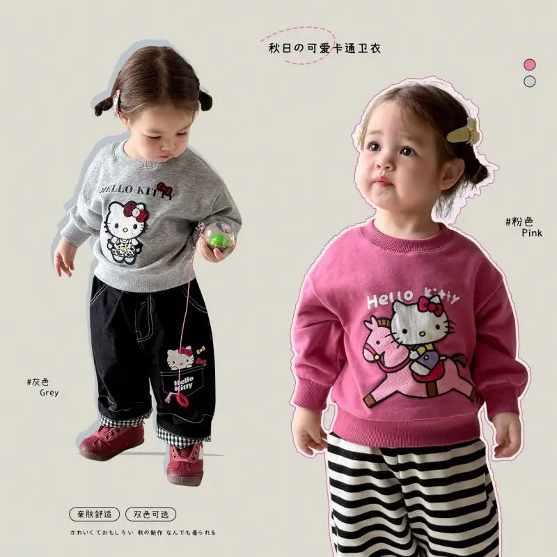 

Sanrio HelloKitty Children's Clothing Girls Sweatshirt Pullover Autumn Winter Clothes Plus Velvet Kids Tops Baby Clothes 2Pc Set