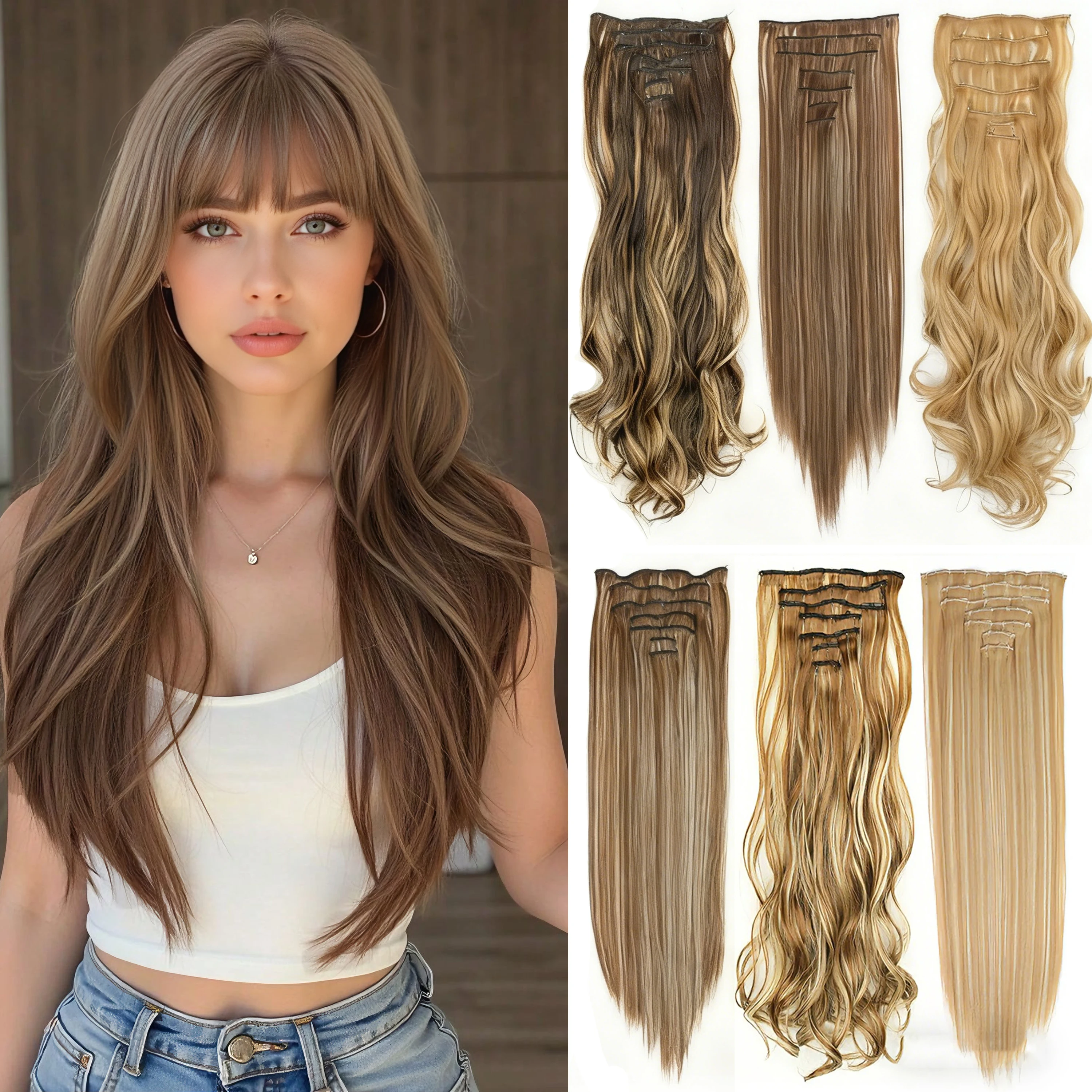 

7Pcs/Set 16 Clips Hair Extension Black Long Straight Natural Hair Ombre Hairpiece Heat Resistant Fiber For Women Hairstyle