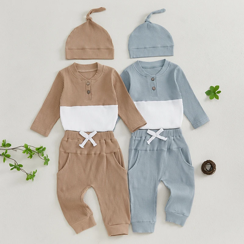 

Baby Boy 3Pcs Spring Fall Outfits Long Sleeve Contrast Color Ribbed Romper + Elastic Waist Pants + Hat Set Infant Clothes