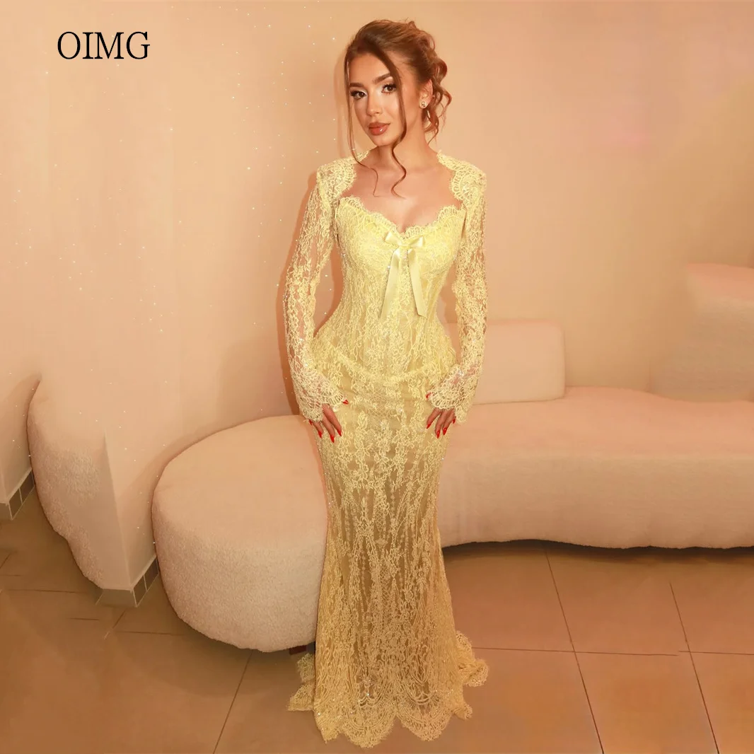 OIMG Elegant Gold Bow Sweetheart Neck Mermaid Prom Gowns Lace Full Sleeves Party Gown Floor Length Evening Dress Customized